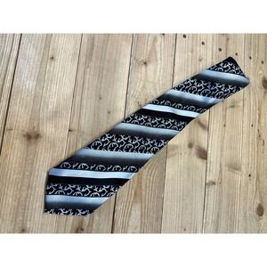 Phat‎ Farm Mens Silk Necktie Black White Grey Striped Scroll Filigree Pattern
